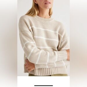 Quince 100% Organic Cotton Striped Crew Sweater size M in speckled beige/ivory